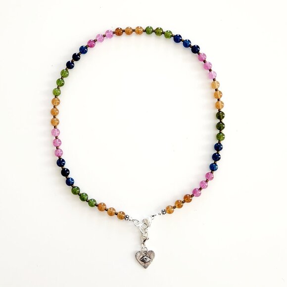 JADE COLOR BLOCK NECKLACE W/ 925 SILVER HEART & EYE PENDANT - Picture 2 of 2